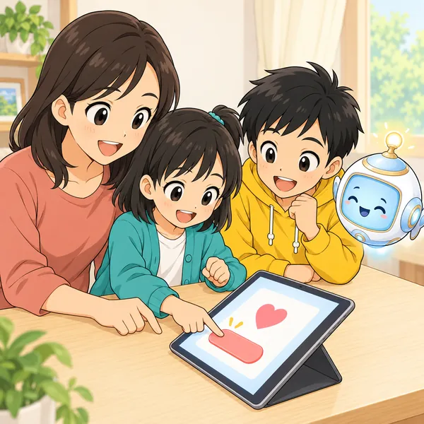 ミオとハルが、やさしい大人（お母さん）と一緒にテーブルでタブレットをのぞき、ミオが画面のボタンを押している