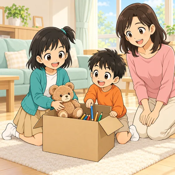 ミオと弟が、使わないぬいぐるみとえんぴつを寄付の箱につめている。