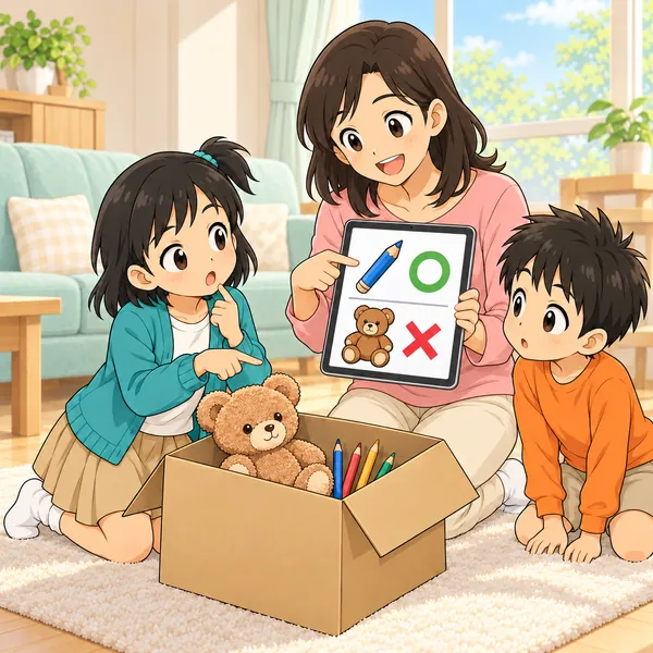 ミオが全部送ればいいか迷い、母が寄付先の案内を見せようとしている。