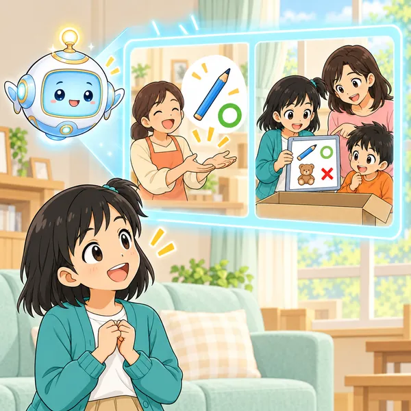 AIロボットが、相手がほしい物を受け取って喜ぶ絵と、家族で案内を確かめる絵を見せている。