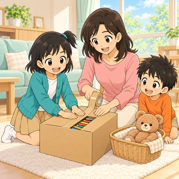 ミオが母と、えんぴつだけを入れた箱に封をしている。
