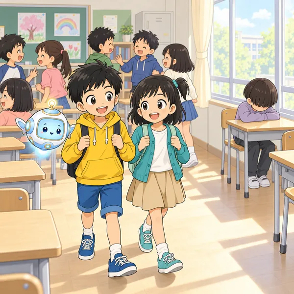 休み時間の教室。みんながにぎやかに動いている