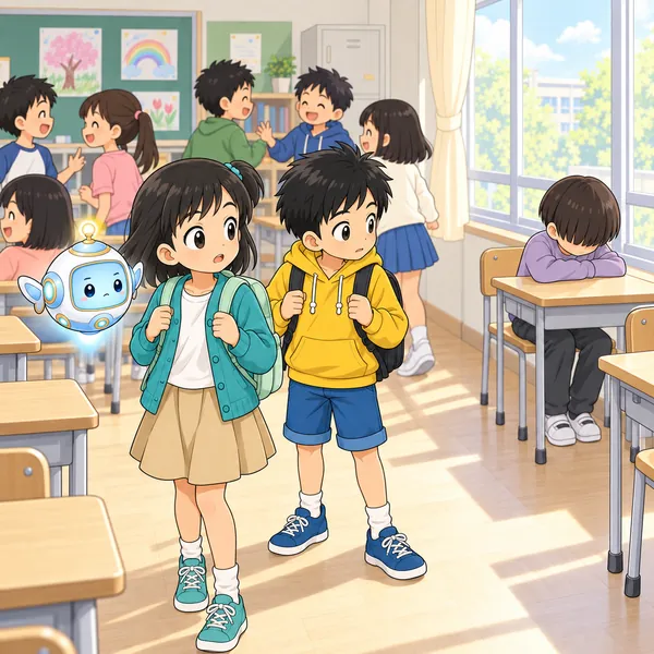 ハルが、その子だけ動いていないことに気づいて立ち止まる