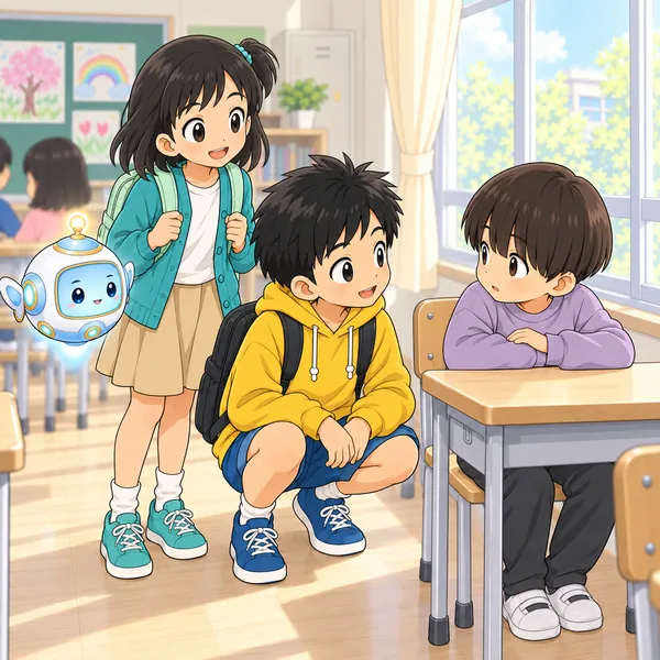 ハルがその子のところへ行って、しゃがんで声をかけている
