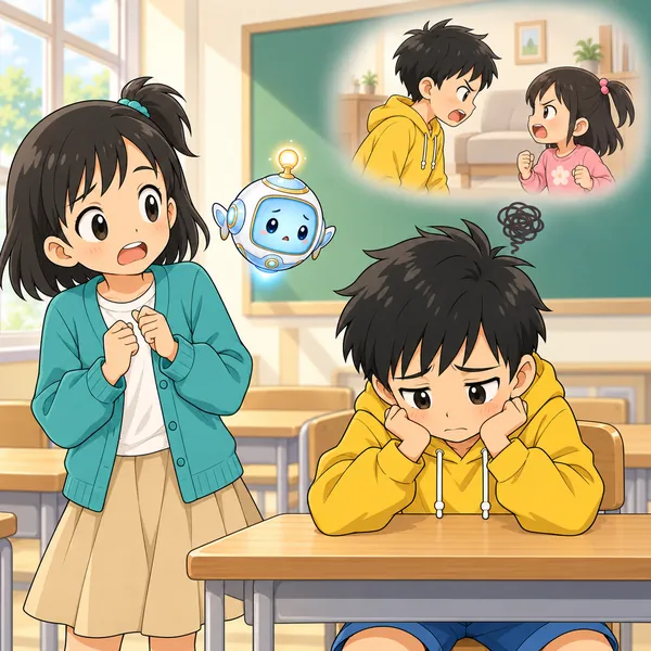 ハルが席でうつむき、朝の妹とのけんかを思い出している。