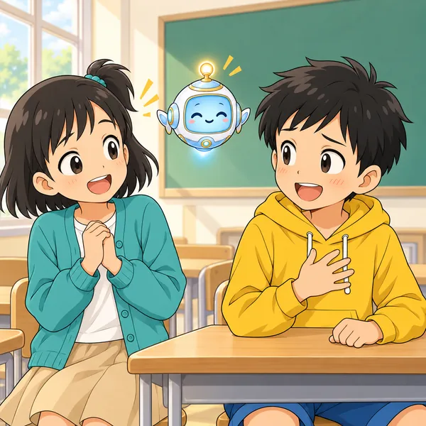 ハルがミオにあやまり、ミオがほっとした顔でうなずいている。