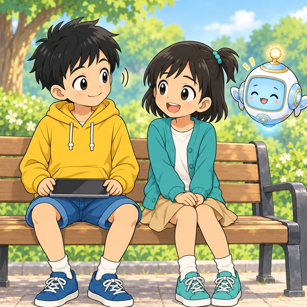 ハルがわかったとうなずき、ミオがほっとして笑っている。