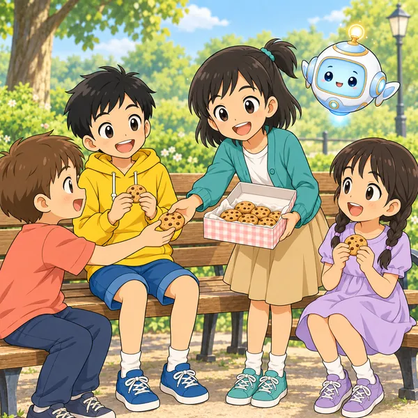 公園のベンチで、ミオが手作りクッキーを配って身をのりだして聞いている。