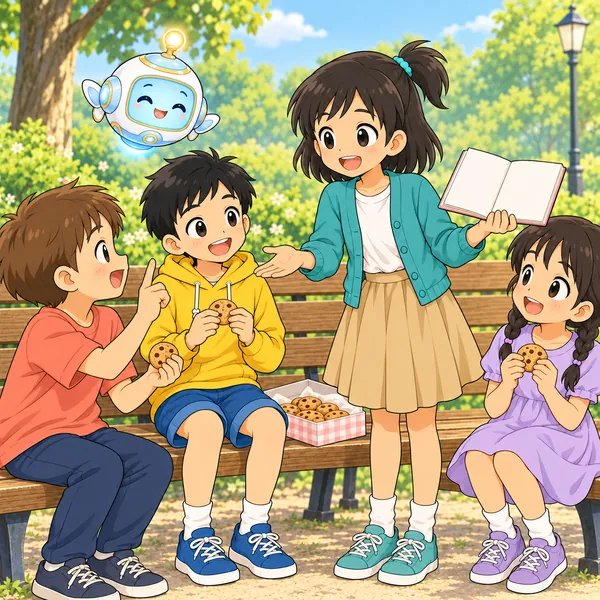 ミオがやさしくたずね、友だちが指を立てて教えてくれている。ミオはメモ帳を持ってうれしそう。