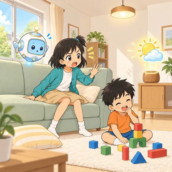 スピーカーに太陽と雲の絵が出て、ミオが「ちがう」という顔をし、弟が笑っている。