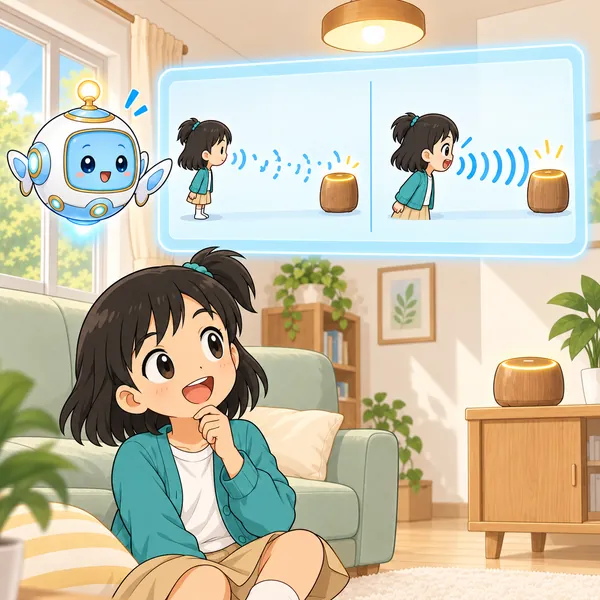 AIロボットが、遠くからの声と近くからの声の届き方のちがいを窓に見せている。