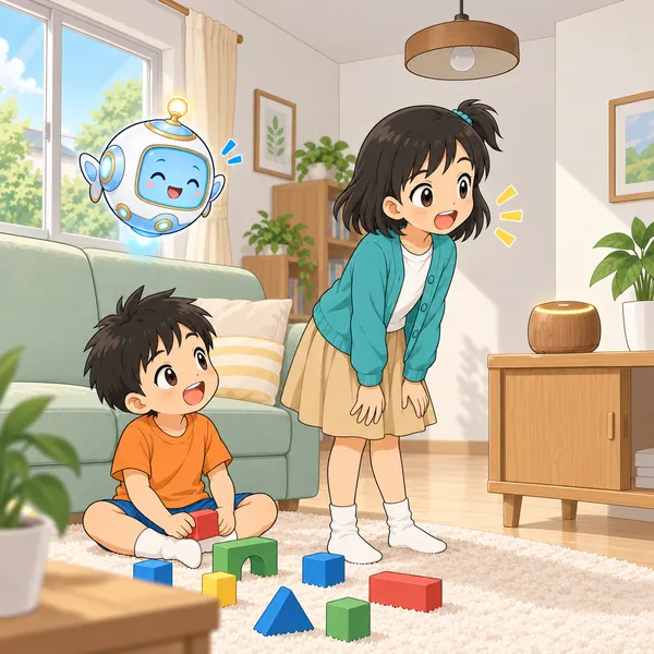 スピーカーの近くではっきり話したミオの部屋の電気が消え、ミオと弟がにっこりしている。