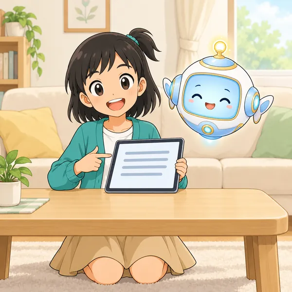 ミオがリビングで、弟の誕生日会の招待メッセージを書き終えてにこにこしている。