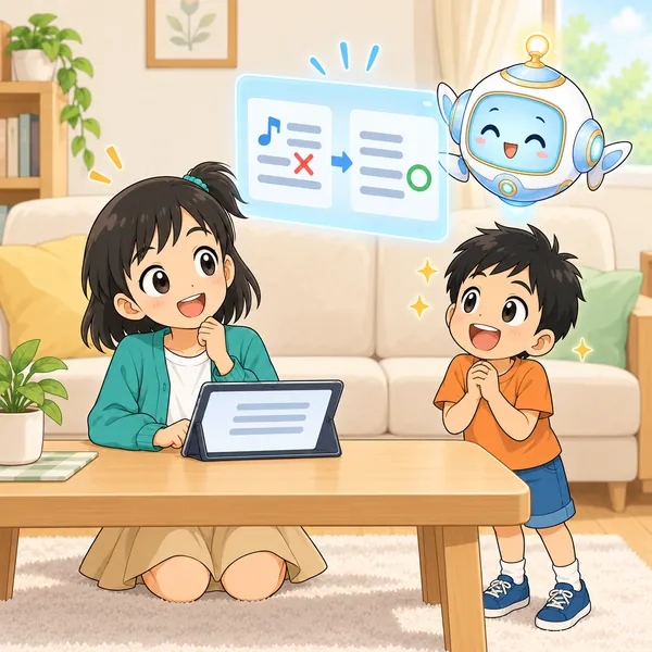 AIロボットの窓に、まちがった所に赤い×、直した所に緑の○がついた行の図がうかび、弟もわくわくしている。