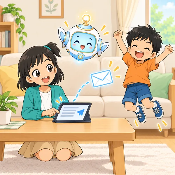 ミオが直したメッセージを送り、弟がうれしそうにジャンプしている。