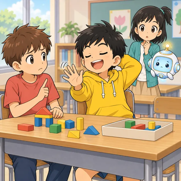 教室。友だちの男の子が話している途中で、ハルが「わかったわかった」と手を振ってさえぎっている