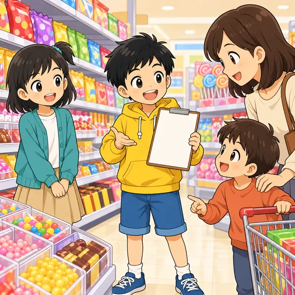 スーパーのお菓子売り場で、ハルがクリップボードを持って親子に話しかけ、ミオが見ている。