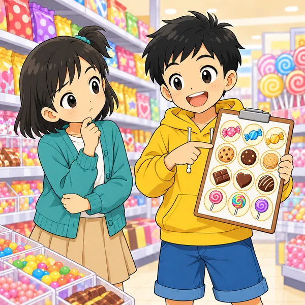 お菓子の絵のシールばかり並んだ紙をハルがうれしそうに見せ、ミオが首をかしげている。