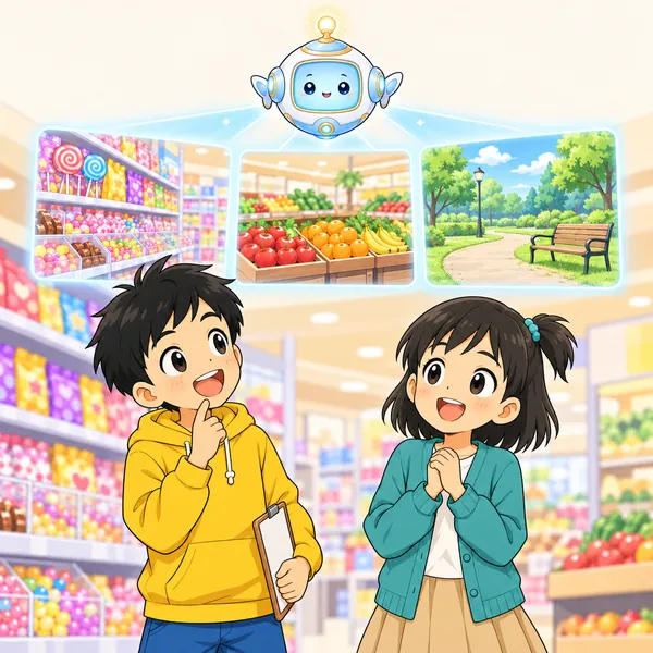 AIロボットが、お菓子売り場・果物売り場・公園の3つの場所の絵をうかべている。