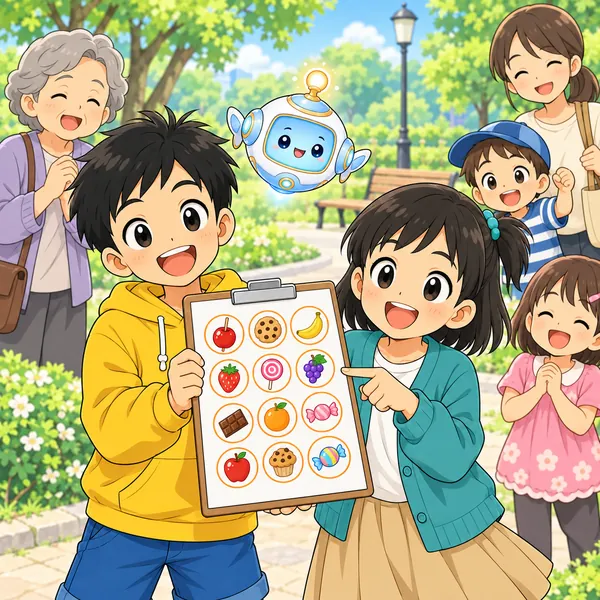 公園でいろいろな人に聞き終え、お菓子と果物のシールがまざった紙を持ってハルとミオが笑っている。