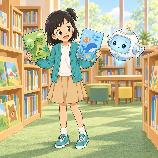 ミオが図書館で二さつの本を見くらべている。