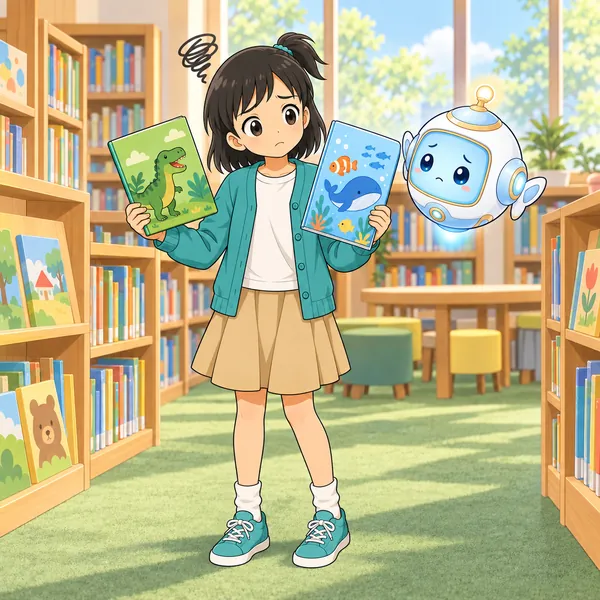 ミオが本を持ったまま決められずにこまっている。