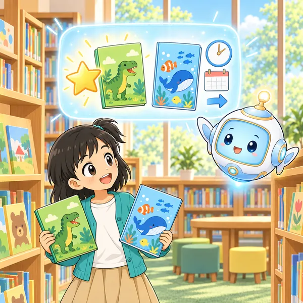 AIロボットが、二さつの本のうち一つに星をつけ、もう一つに次の矢印をつけた絵を見せている。
