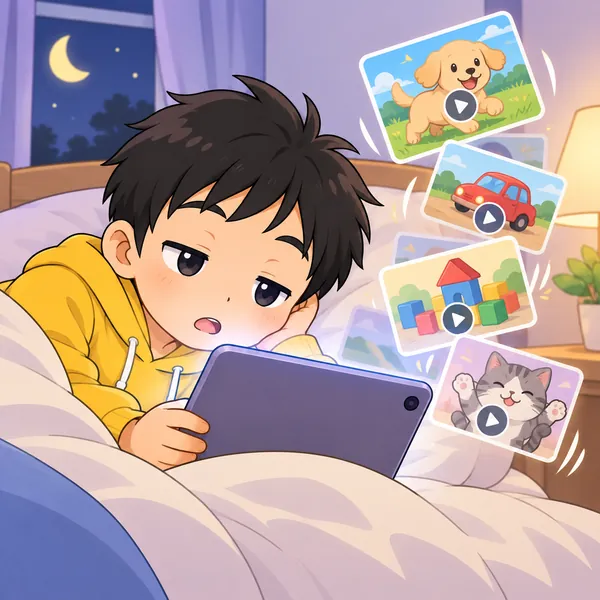 タブレットの画面に、次の動画のおすすめのサムネイルが次々と流れてくる様子