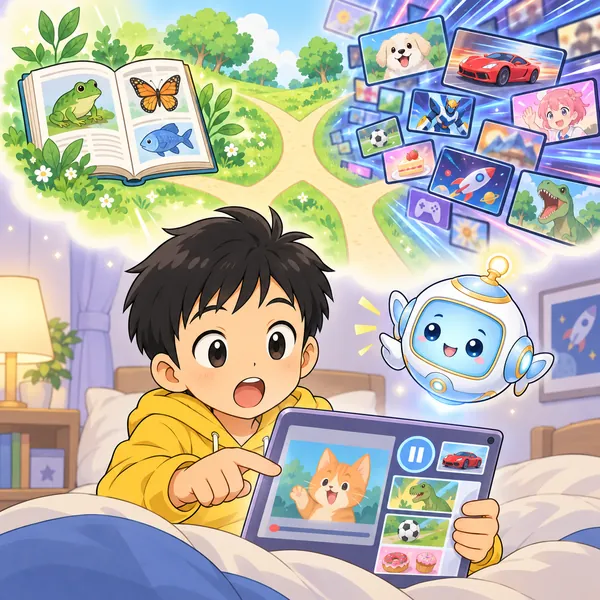 アイが浮かび、ハルの前にふたつの道が分かれる想像の場面を見せている