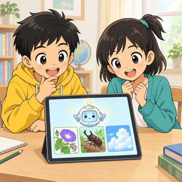 ハルとミオが、タブレットのAIに自由研究のテーマを相談し、いくつかの案を出してもらっている