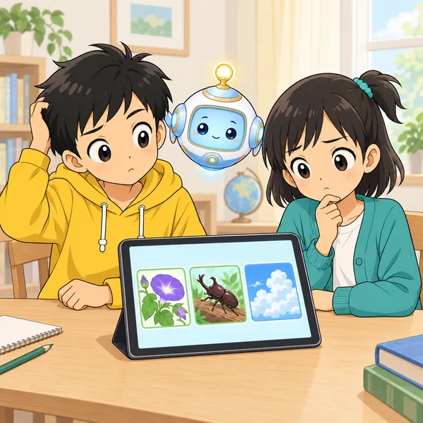 二人が画面の案を見て、どれにするか迷っている