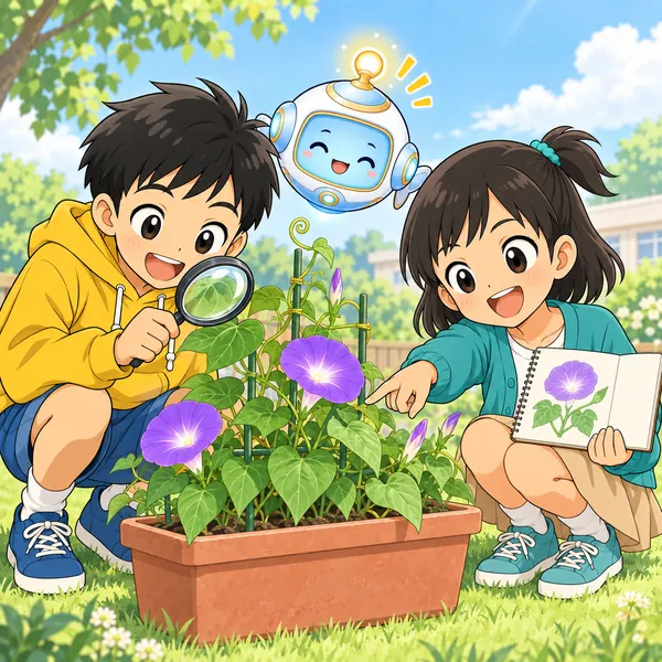 ハルとミオが外で、自分たちで決めたテーマの観察をいきいきとしている