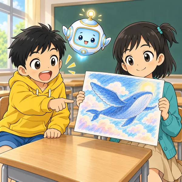 休み時間、ハルがミオの上手な絵を見て、AIで作ったんでしょと言っている。