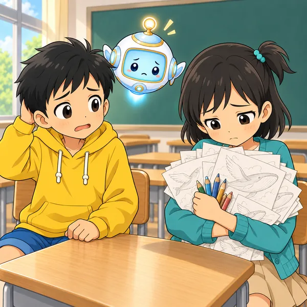ミオが下書きの束をかかえて、悲しそうにうつむいている。