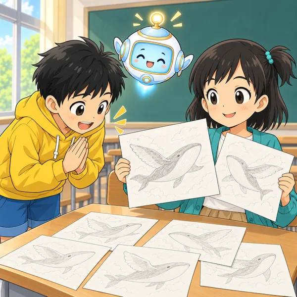 ハルがあやまり、ミオが下書きを見せて作り方を話している。