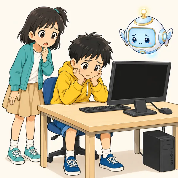 画面のつかないパソコンの前で、ハルがうなだれている。