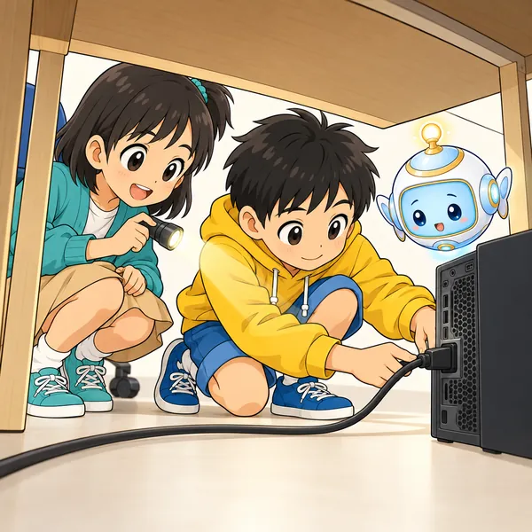 机の下をのぞきこみ、ハルが電源ケーブルのつなぎ口を確かめている。