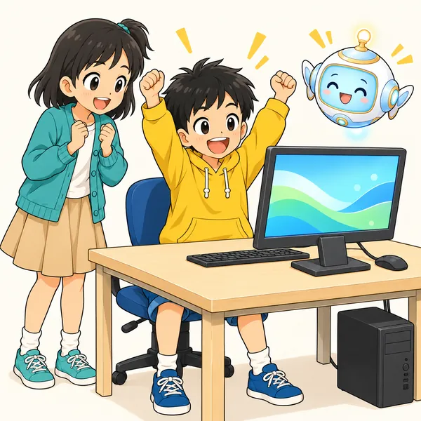 画面がついたパソコンの前で、ハルが両手を上げて喜んでいる。