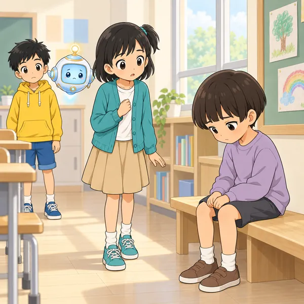 教室のすみ。ひとりの子が、いつもより静かに下を向いている