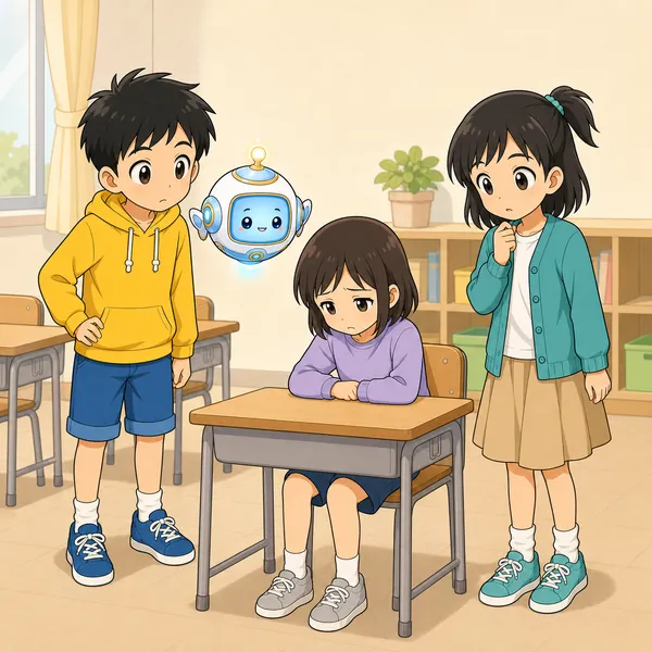 教室のような場所で、いつもは元気な別の小学生の友だちが、今日は元気がなく、しょんぼりして静かにしている