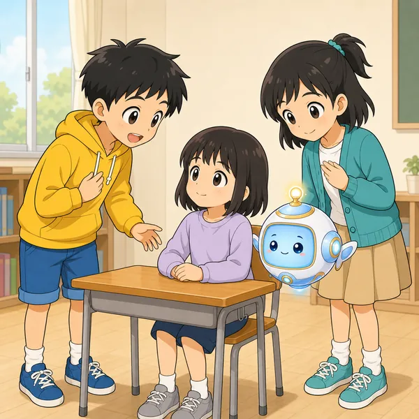 ハルとミオが、その友だちに近づいて、心配そうにやさしく声をかけている
