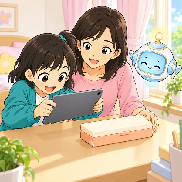 ミオがお母さんといっしょに、明るい窓ぎわで傷をアップで撮って笑っている。