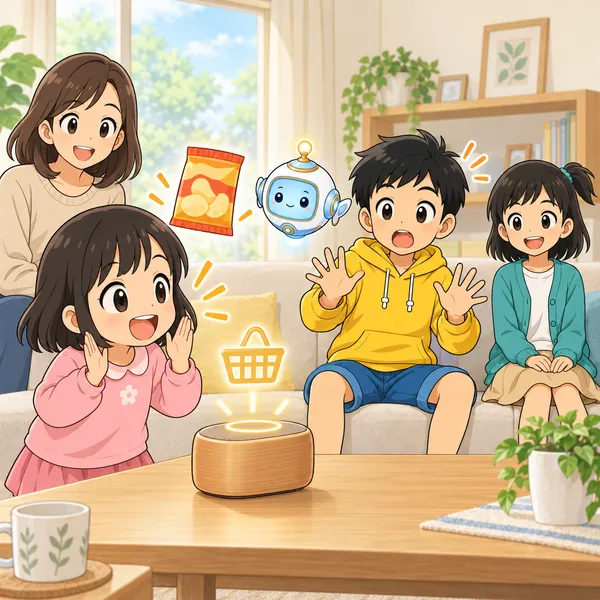 ハルの妹がスピーカーに話しかけ、買い物かごの絵がうかび、ハルがおどろいている。