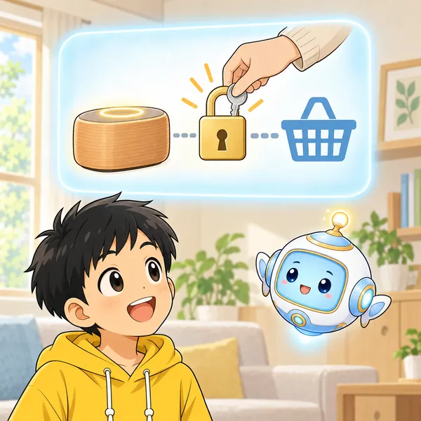 AIロボットが、スピーカーと買い物かごの間に大人がかぎをかける絵を窓に見せている。