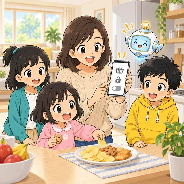 ハルのお母さんがスマートフォンで設定し、ハルが見ていて、妹はお菓子をもらって喜んでいる。