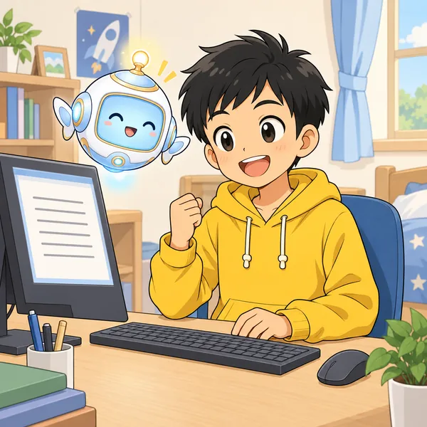 ハルが部屋で、パソコンでお礼の手紙を書き終えて満足そうにしている。