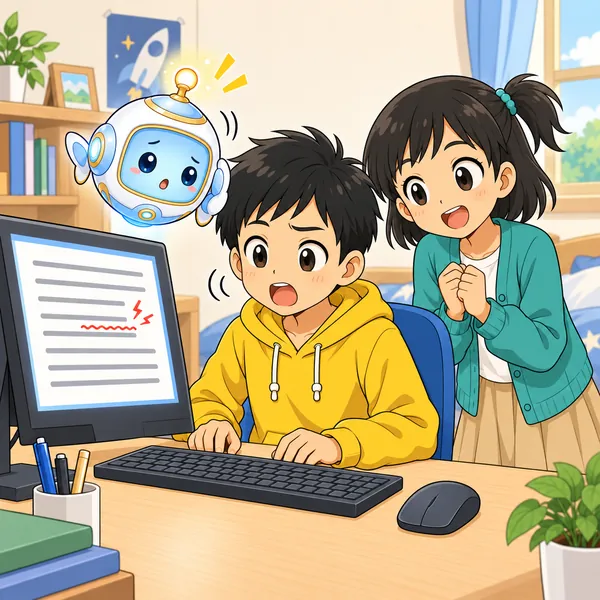 ハルが声に出して読み、とちゅうの行に赤い波線のつまずきマークがうかび、AIロボットが聞いている。