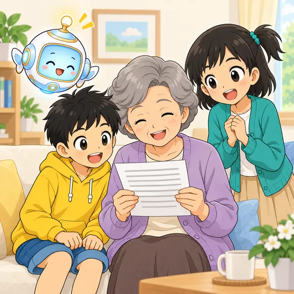 直した手紙を読んだおばあちゃんがにっこりし、ハルたちも笑顔になっている。