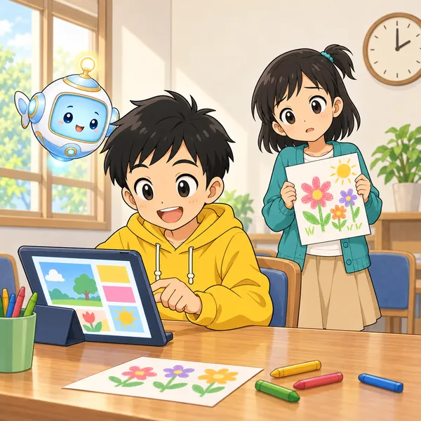 集会室で、ハルがスライド作りに夢中になり、後ろでミオが絵を持って待っている。