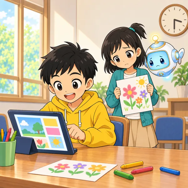 壁の時計が進み、ミオが紙を持ったままさびしそうに立っている。ハルは気づいていない。